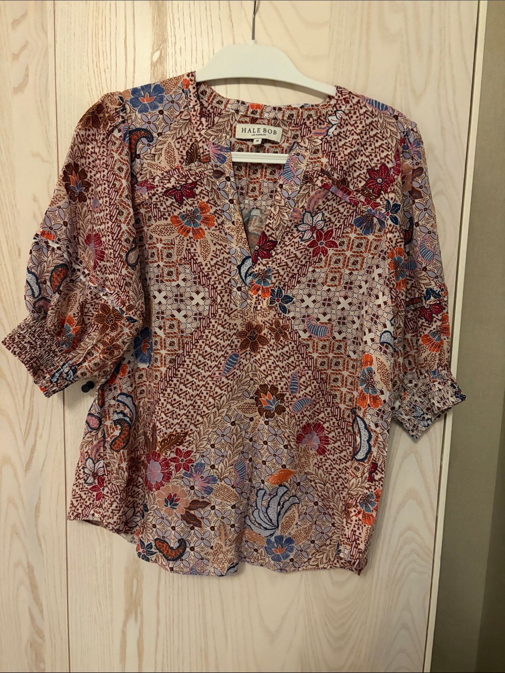 Hale Bob Patchwork Floral V-Neck Blouse in Blue, Pink, Orange & Brown